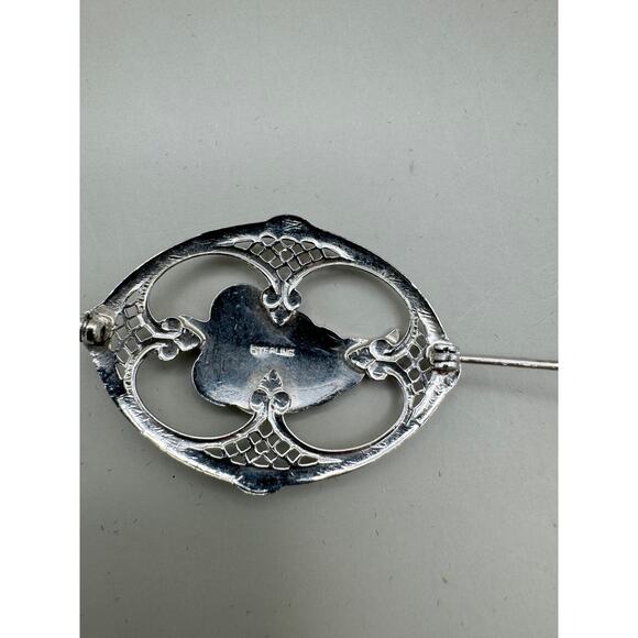 Vintage Sterling Silver Filigree Marcasite Leaf Brooch Pin - Picture 5 of 6